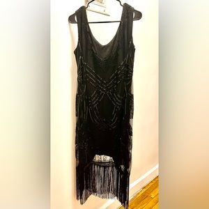 Flapper Roaring 20's Style Black Sequin Detail & Fringe Sleeveless Dress Size XL